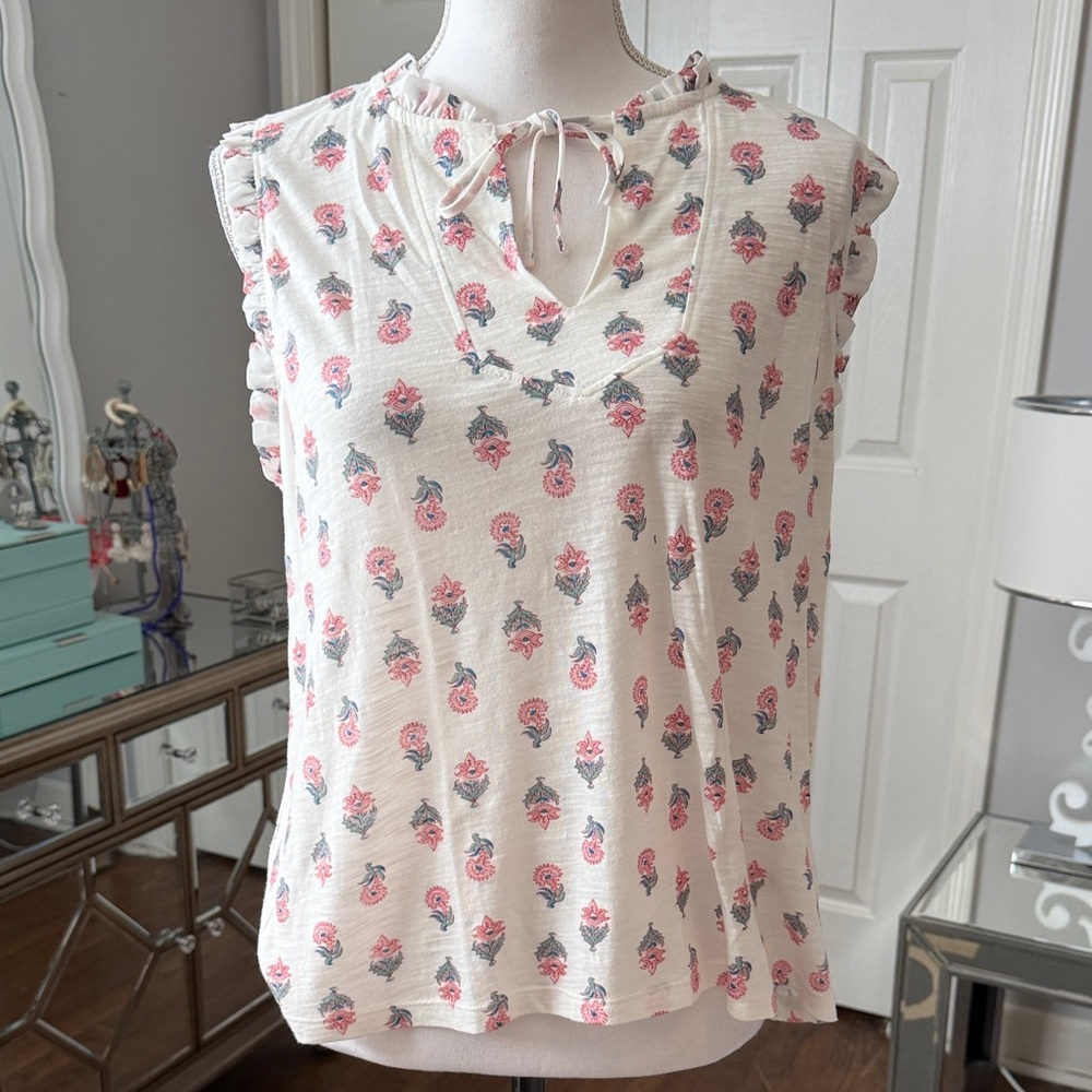 Lucky Brand Sleeveless Cream Floral Tie-Neck Top NWT Sz L